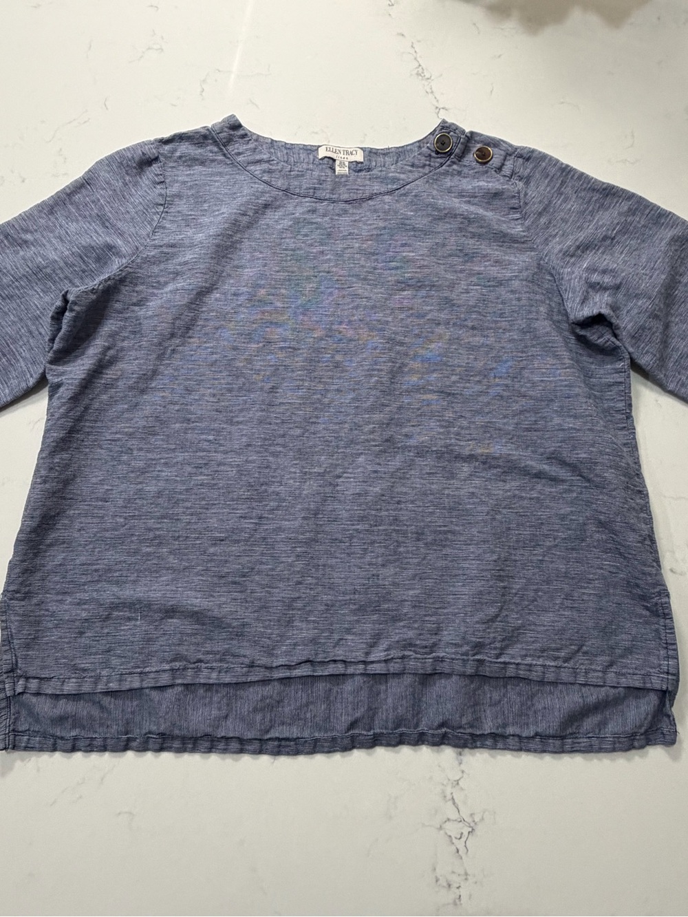 Ellen Tracy Linen XL Heathered Blue Shoulder Button Top 3/4 Sleeve